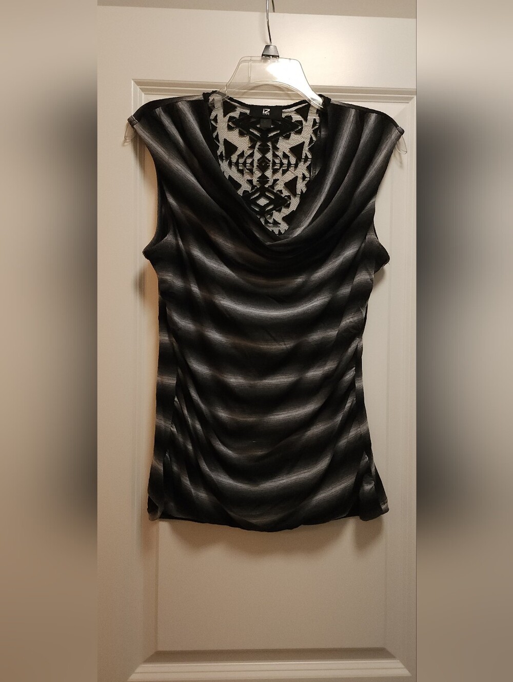 Iz Byer Black and Gray Draped Cowl Neck Tank Top